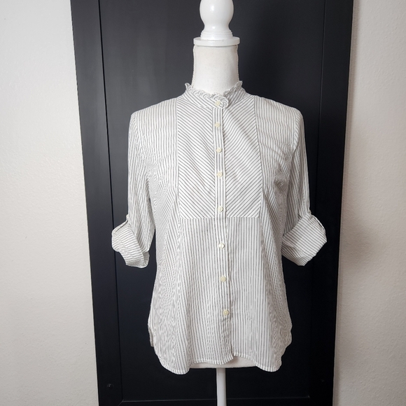 NWT Talbots Striped Ruffled Neck Roll Up Sleeve Button Up Shirt Size PS - Picture 8 of 10